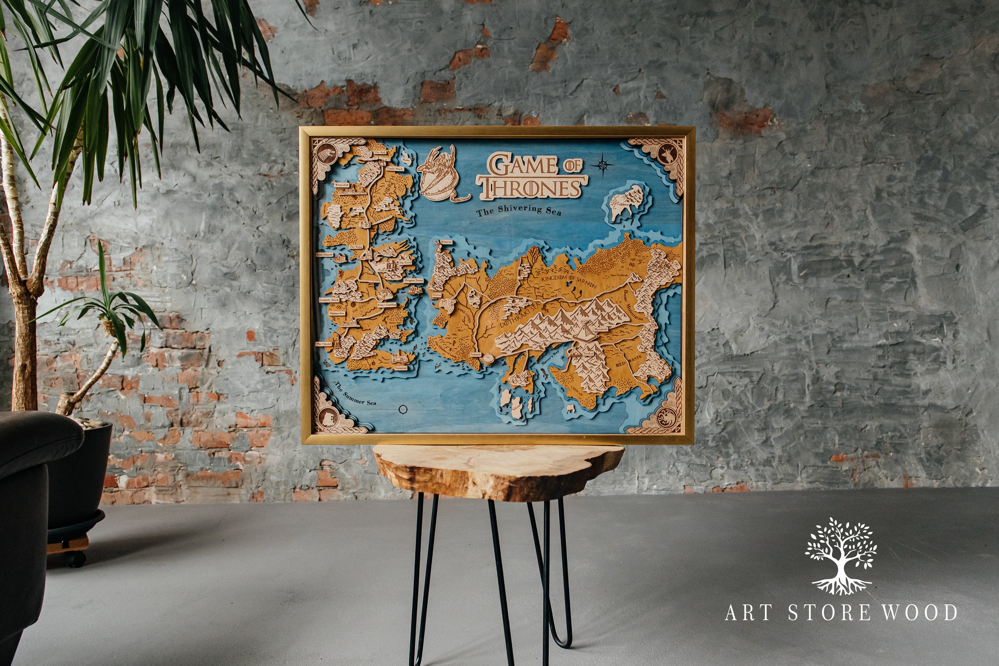 Handcrafted wooden map of Westeros and Essos from Game of Thrones universe