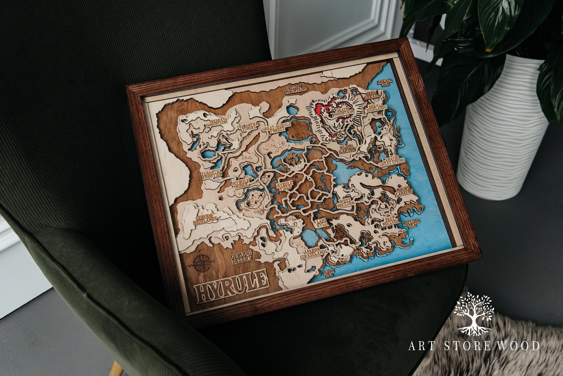 Angle view emphasizing craftsmanship and layered wood structure of Hyrule map