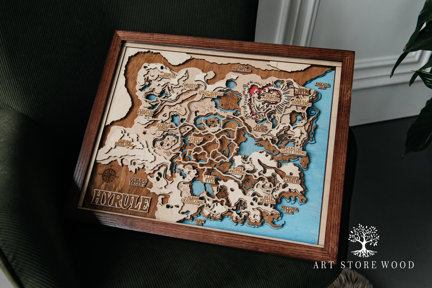 Vibrant Hyrule wooden map — fantasy wall art for gamers and collectors