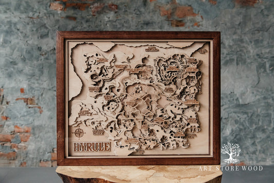 Hyrule 3D wooden map non-colored wall art inspired by The Legend of Zelda
