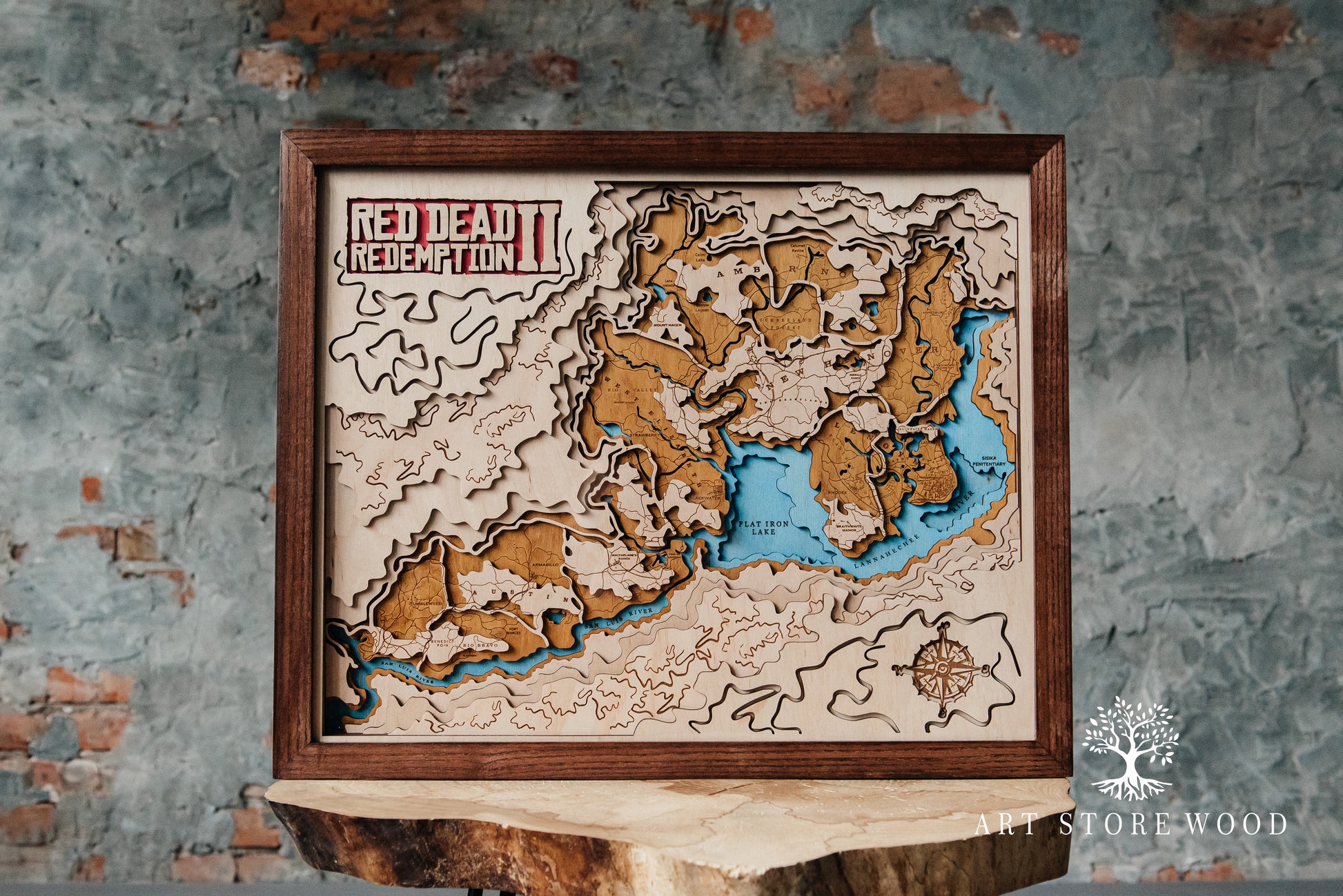 Wild West 3D wooden world map wall art inspired by Red Dead Redemption 2