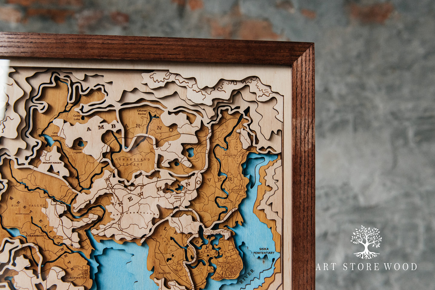 Premium birch plywood Wild West wooden map with protective lacquer finish