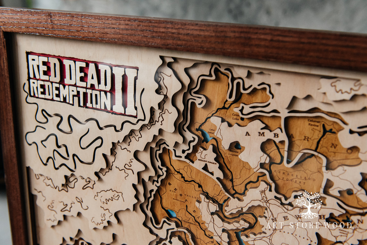 Wild West 3D wooden map framed and ready to hang, interior shot