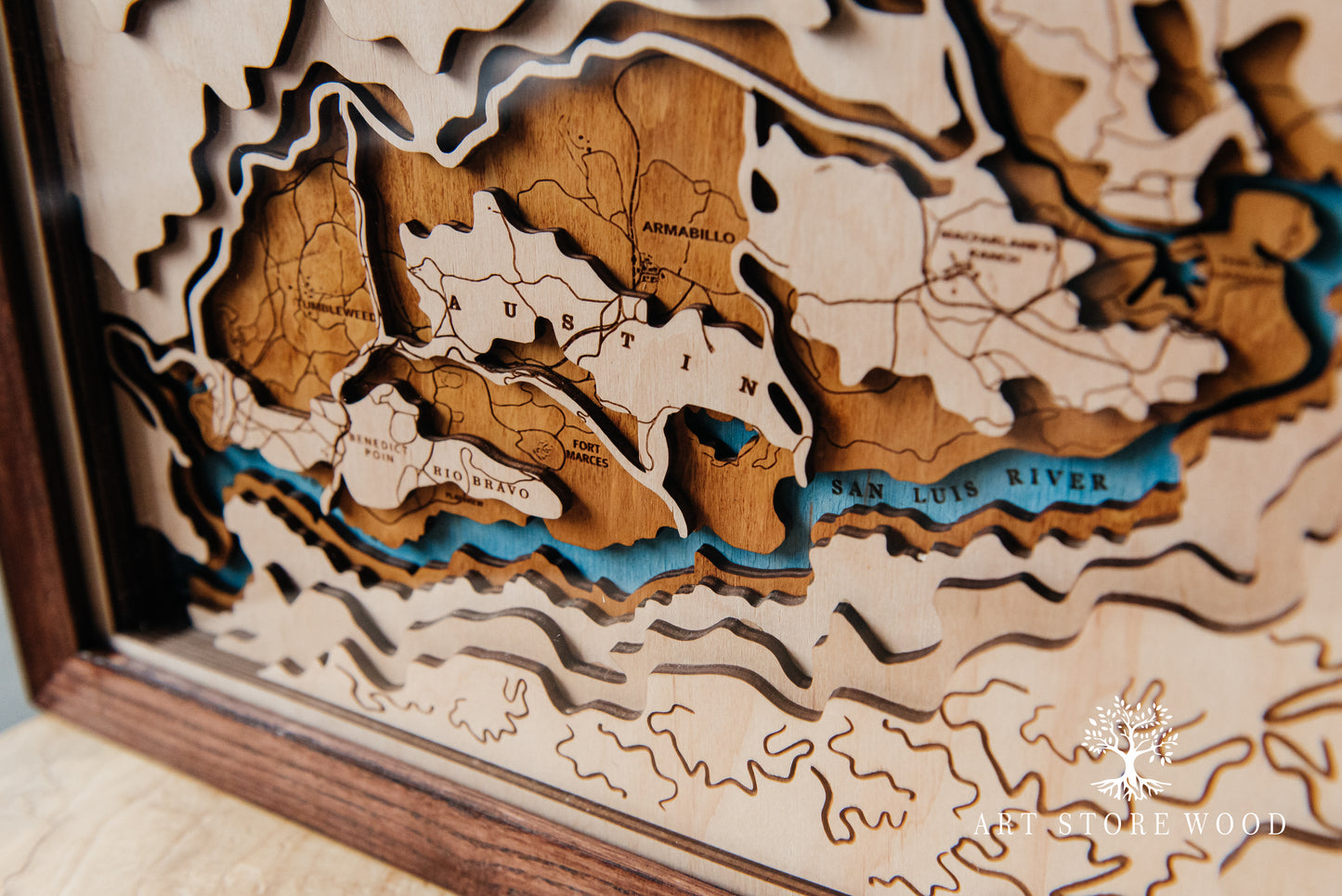 Side view showing multilayer depth of the 3D wooden Wild West map