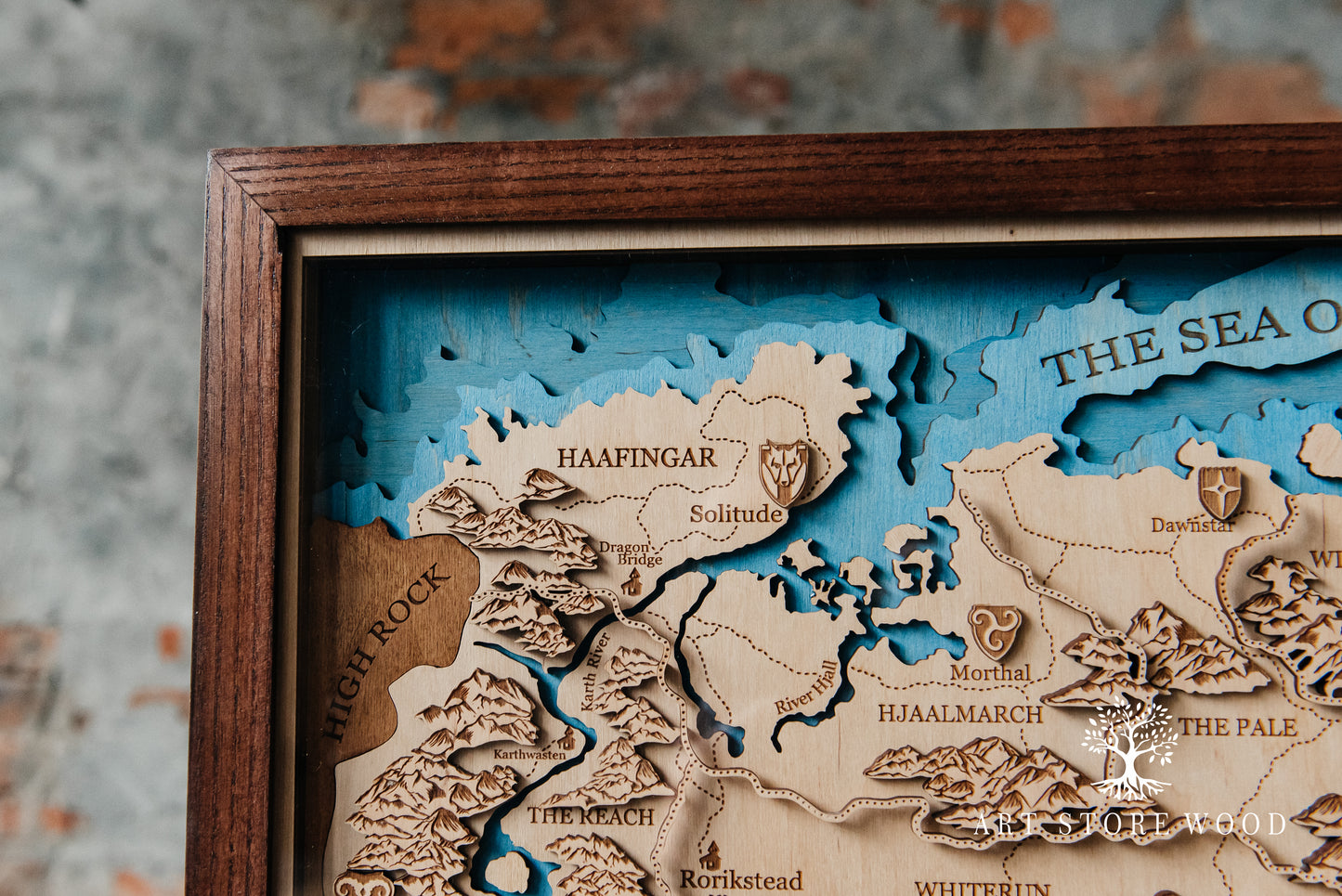 Handcrafted wooden map of Skyrim province from The Elder Scrolls series