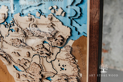 Wooden fantasy map of Skyrim for gamer room wall décor