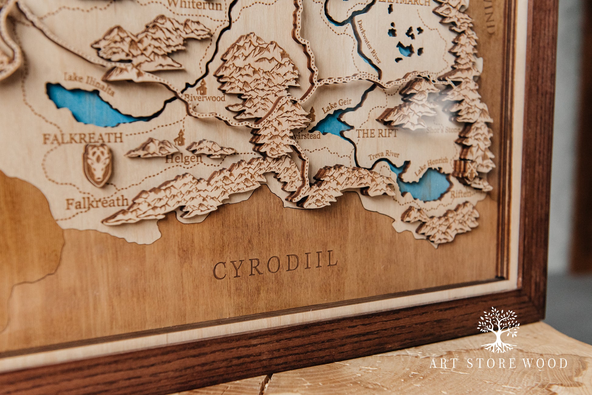 Side view showing multilayer depth of Skyrim 3D wooden map