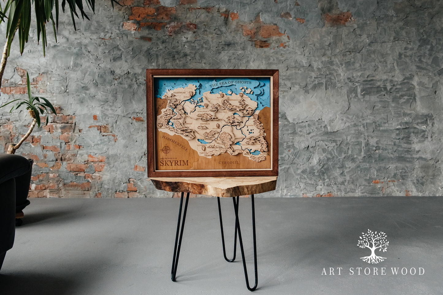 Premium birch plywood Skyrim wooden map with lacquer finish wall art