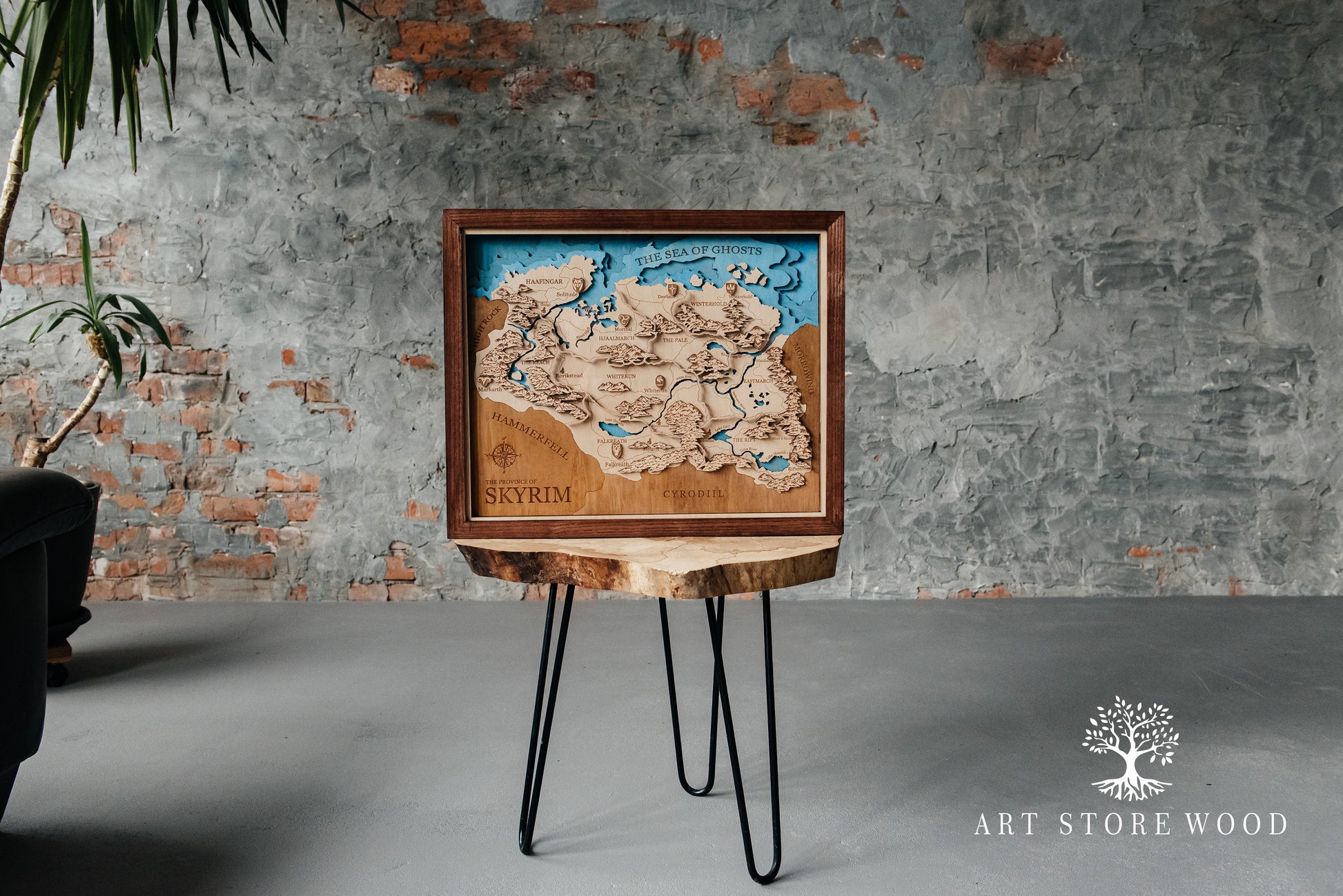 Premium birch plywood Skyrim wooden map with lacquer finish wall art