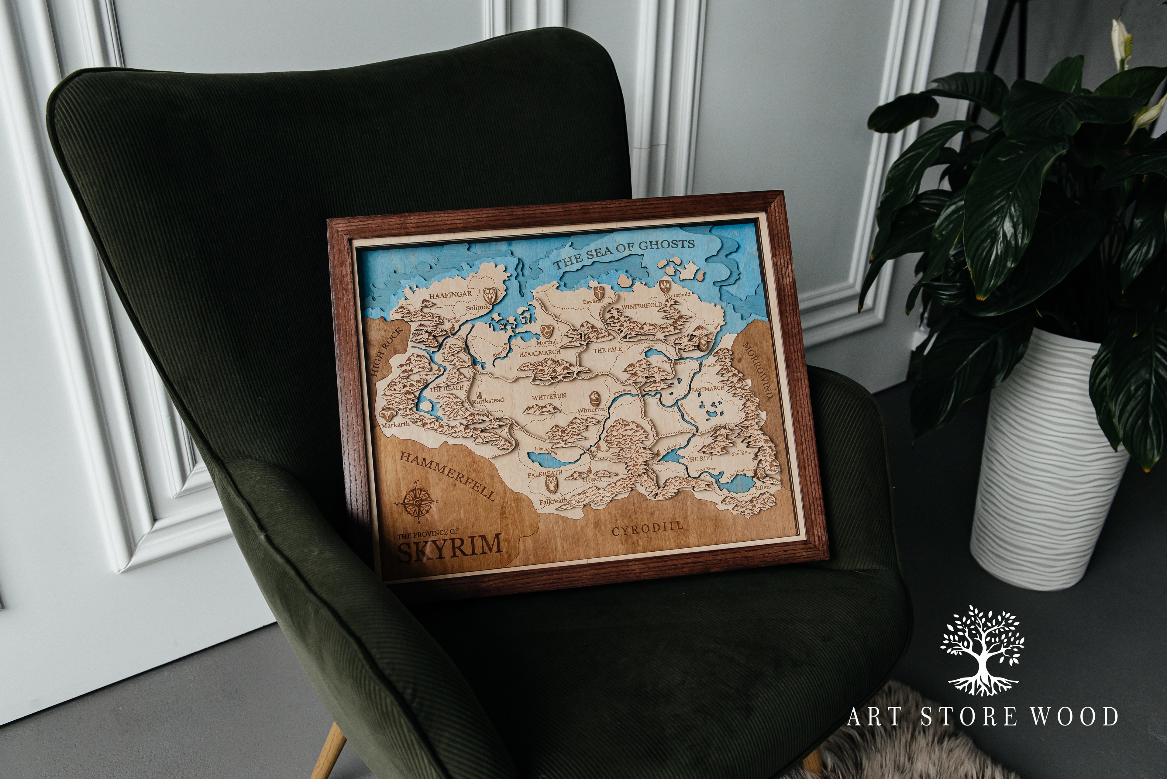Interior shot – Skyrim 3D wooden map mounted in a gamer room setup