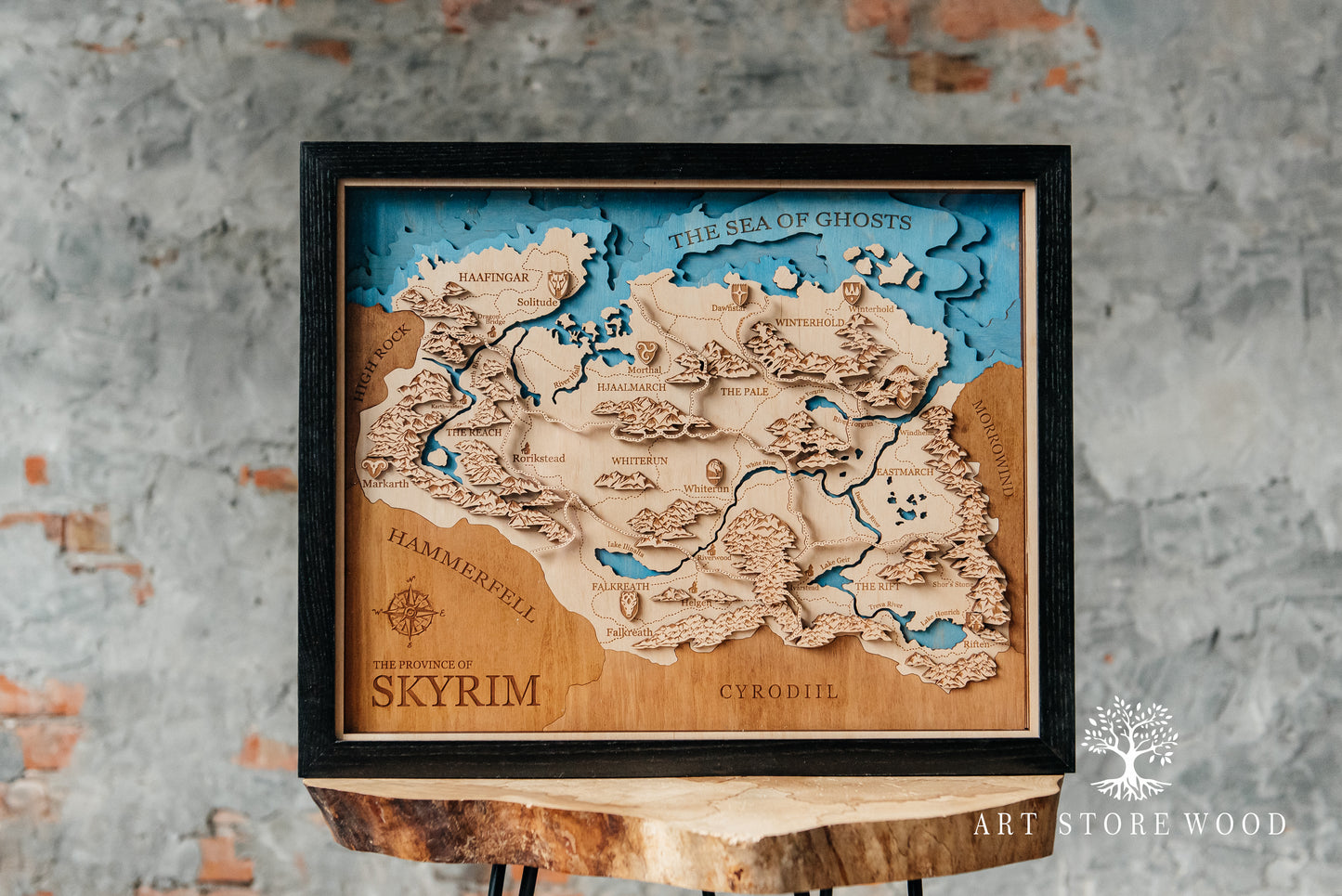 Close-up texture of provincial borders on Skyrim 3D wooden map