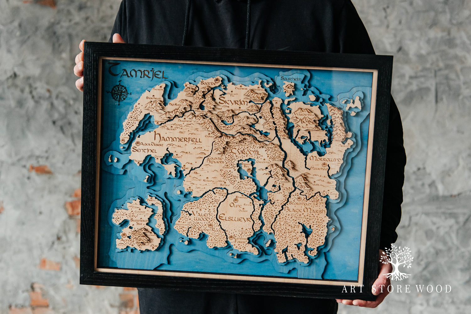 Close-up texture showing engraving and wood layers on Tamriel 3D wooden map