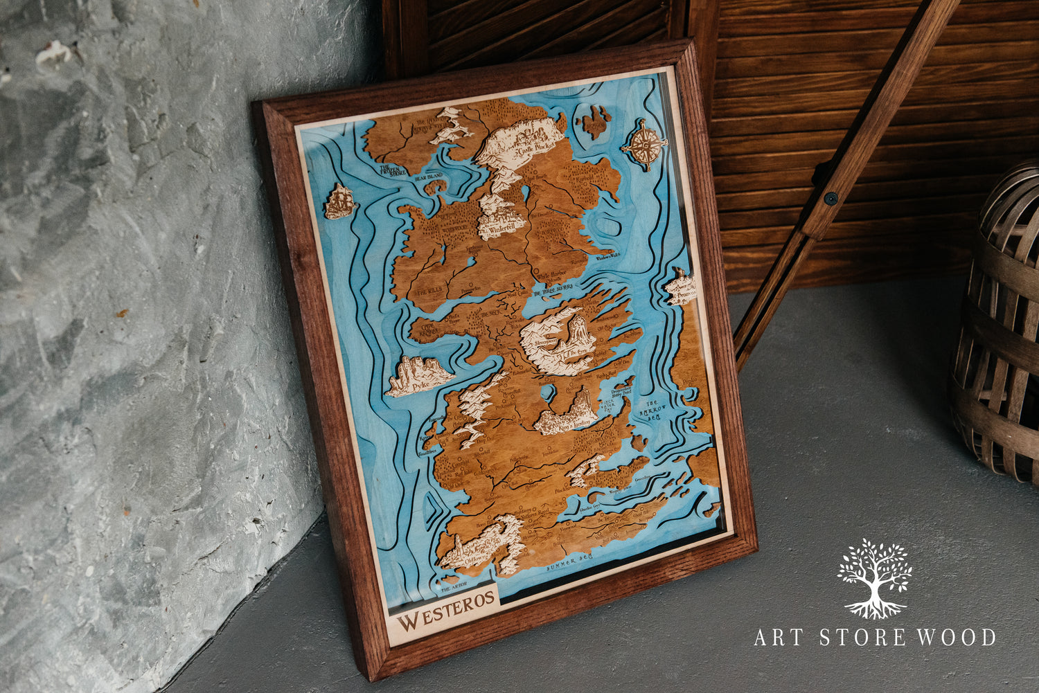 Minimalist interior shot featuring Westeros wooden wall art