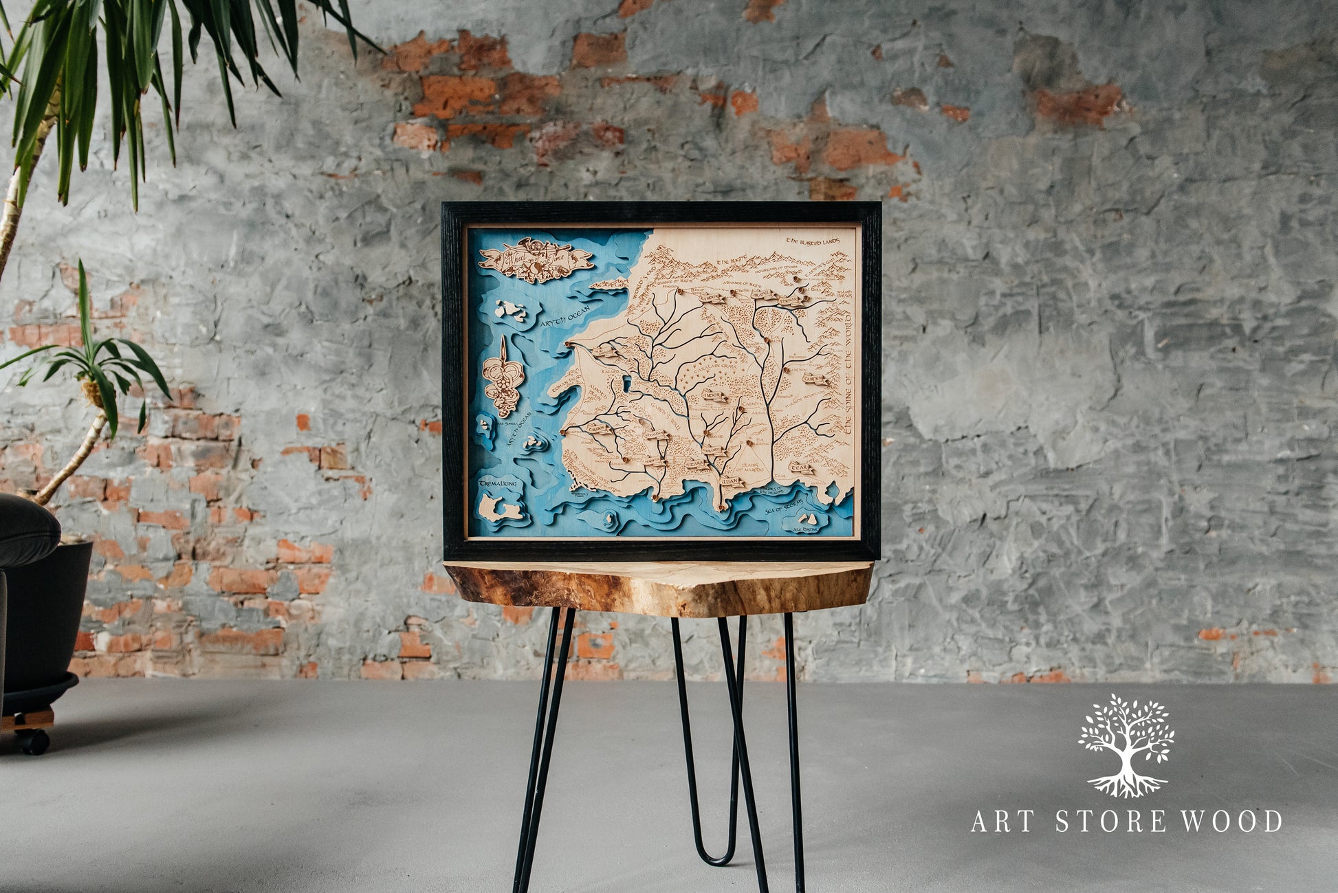 Top-down view of The Wheel of Time map handcrafted wooden wall decor