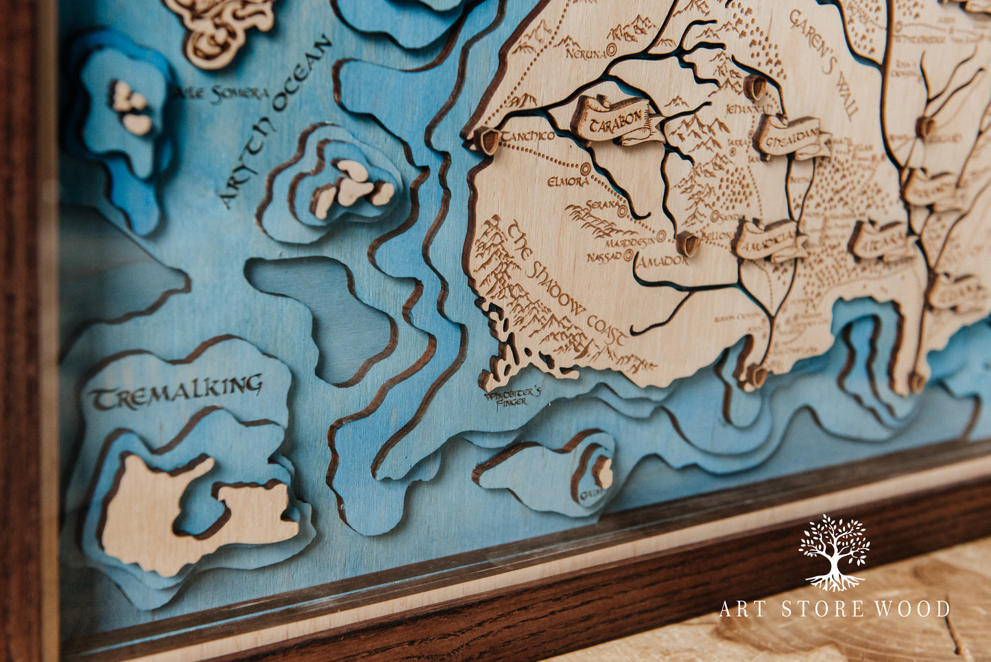 Wooden fantasy map of Randland with frame and layered design for fans