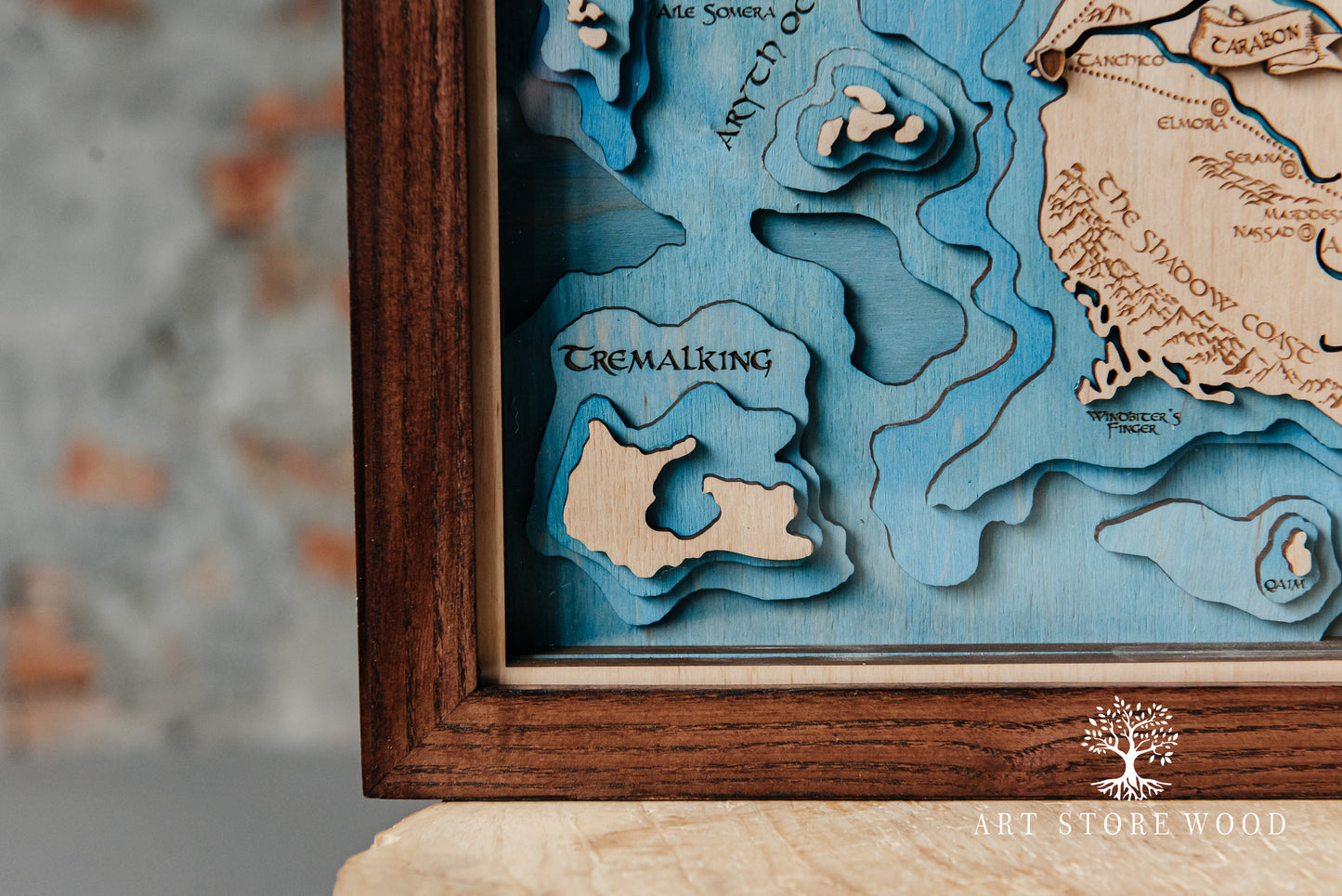 Close up wooden map from The Wheel of Time series