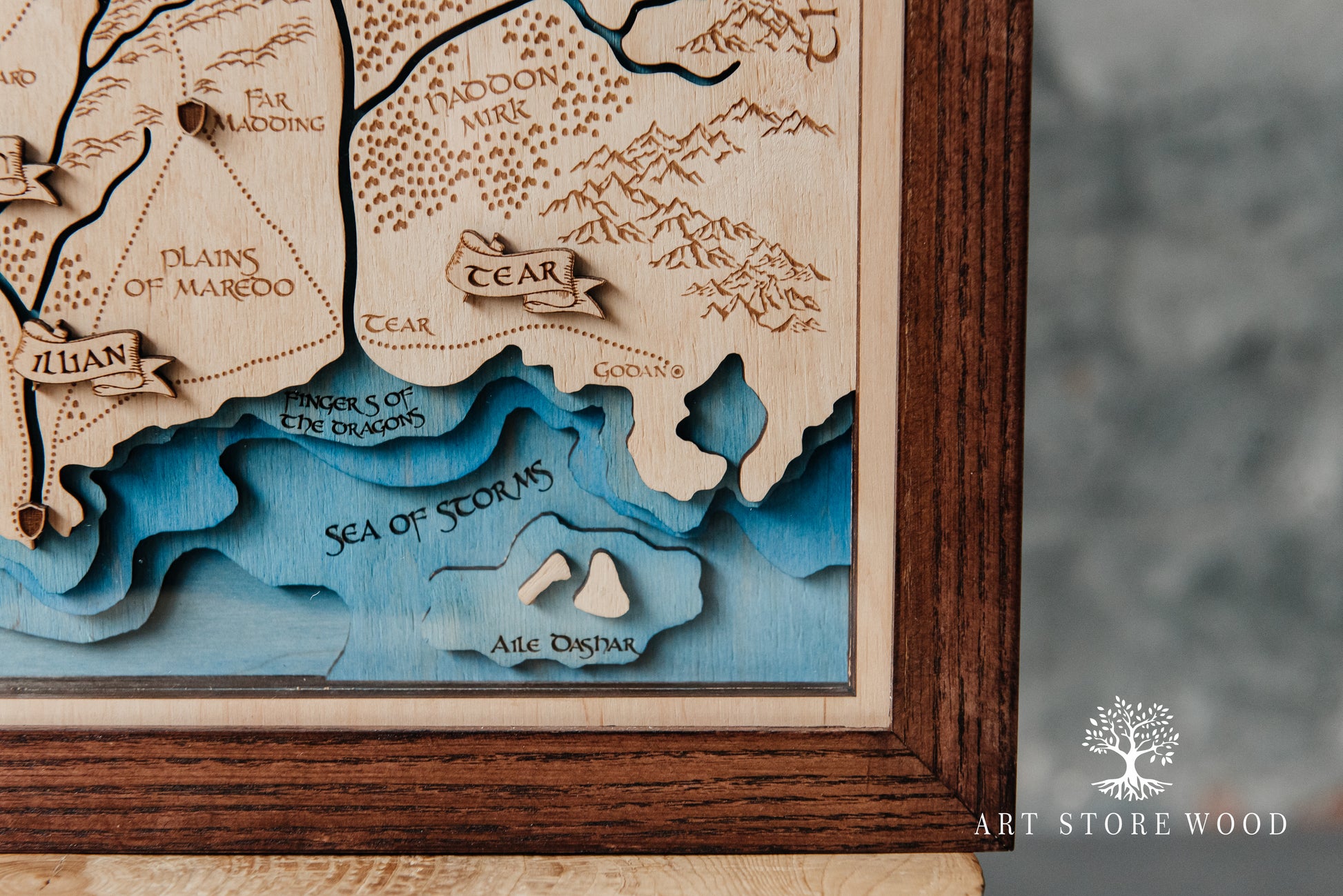 Detailed engraving on The Wheel of Time map showing Tar Valon and the Blight