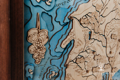 Side view showing depth and multilayer structure of The Wheel of Time wooden map
