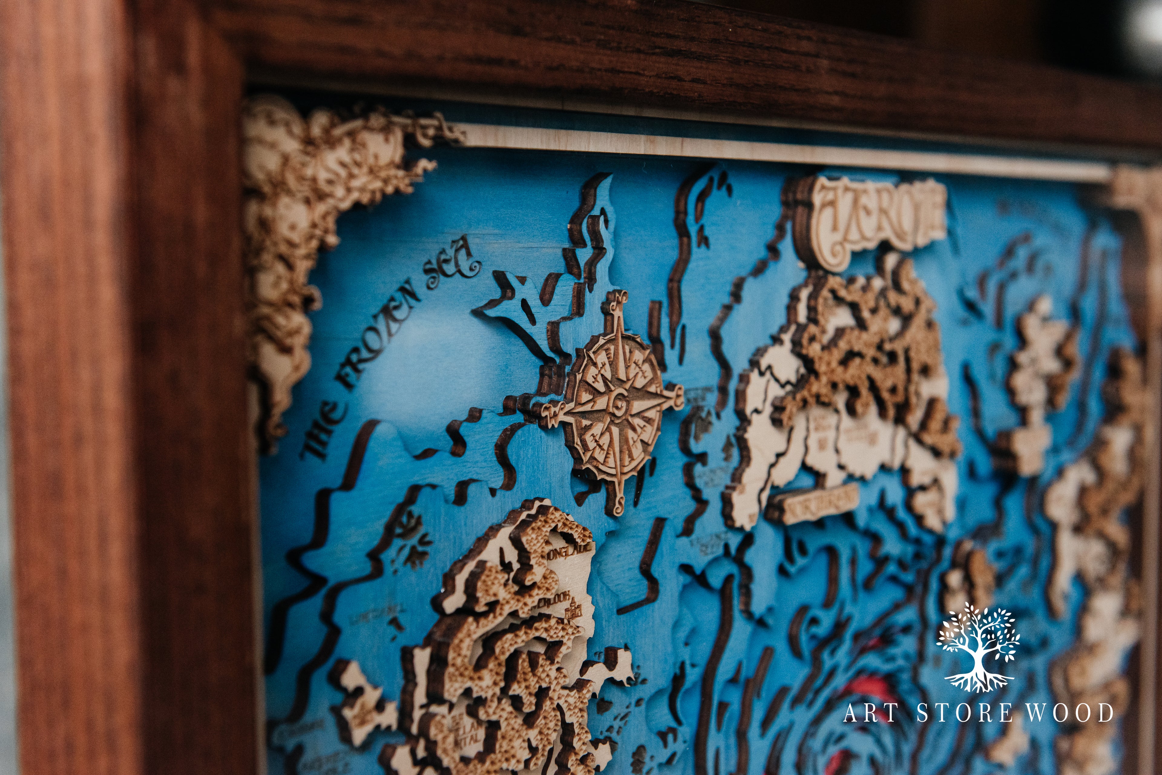 Closeup of laser-cut wooden layers of the Azeroth 3D map